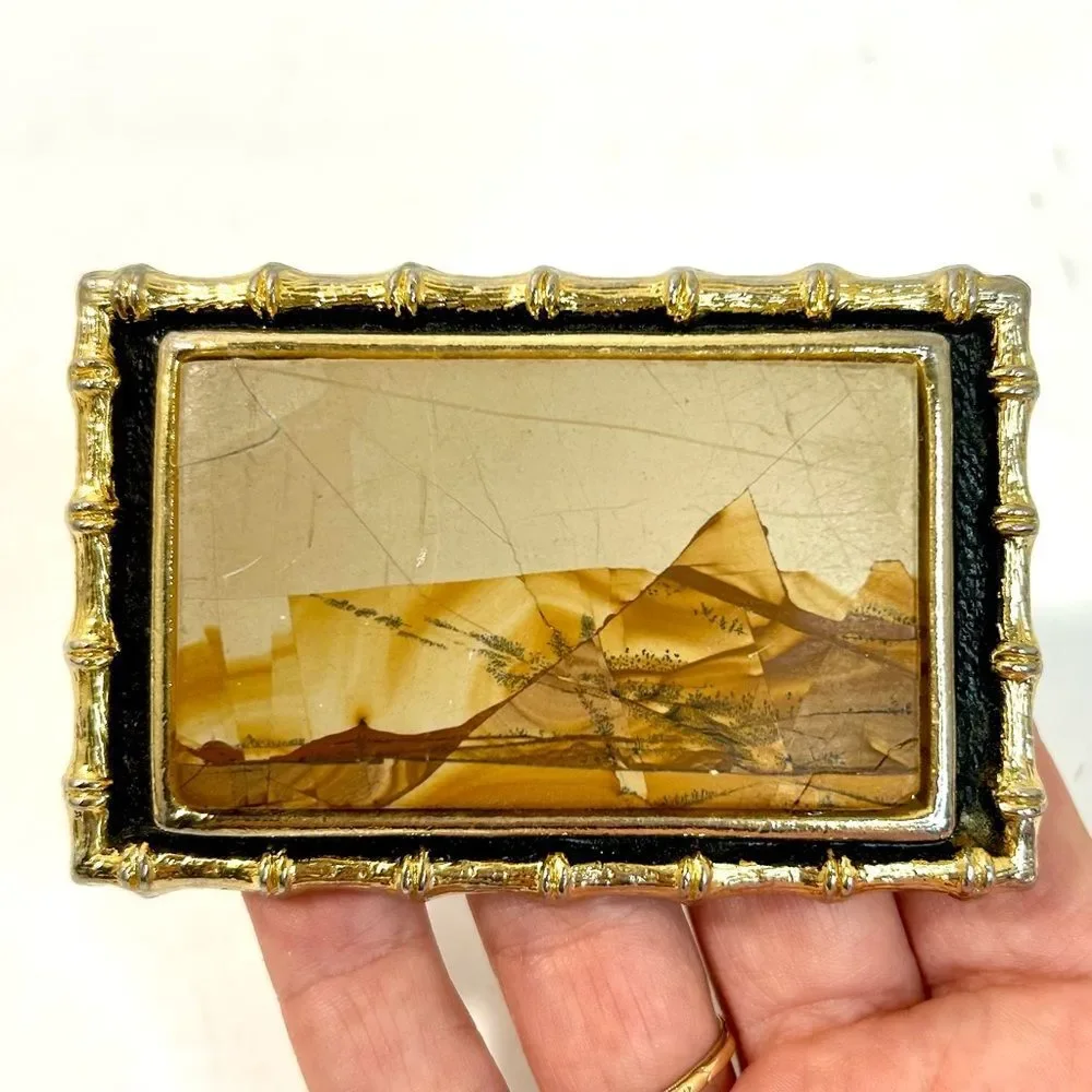 1970s Kenneth Reid Mixed Wood Inlay and Howlite Solid Brass Handmade Belt Buckle